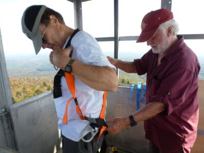 Getting Doug ready with safety harness